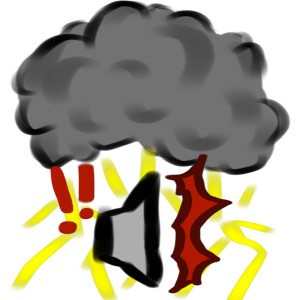 A dark grey cloud with yellow streaks of lightning coming from the bottom. The yellow streaks have a simple picture of a speaker above them. The speaker has two red exclamation marks on the left of it and a red spiky shape coming from the right part of it.